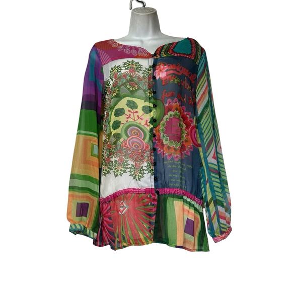 DESIGUAL Bummy Tunic Blouse Top Mixed Floral Art To Wear Semi Sheer Size XL - Picture 1 of 7